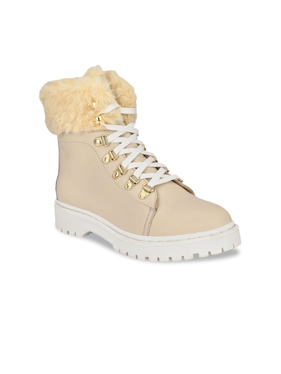 Delize Women Yellow Solid Leather Mid-Top Flat Boots Price in India