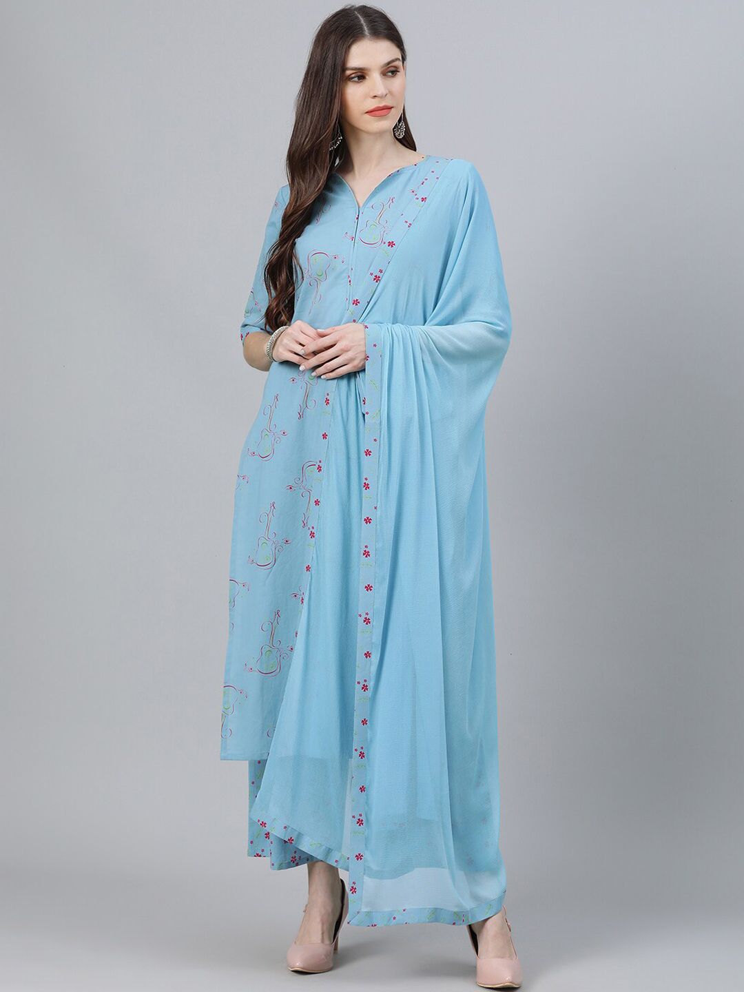 Libas Women Blue Abstract Printed Pure Cotton Kurta with Palazzos & With Dupatta Price in India