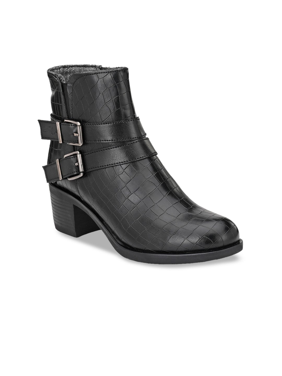 Delize Women Black Textured High-Top Block Heeled Boots Price in India