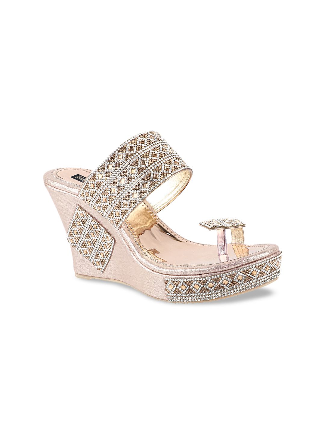 Shoetopia Women Rose-Gold-Toned Embellished Wedges Price in India