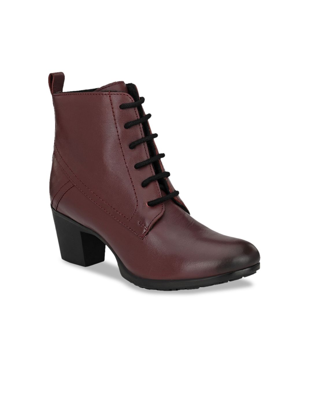 Delize Women Burgundy Solid Leather Mid-Top Block Heeled Boots Price in India