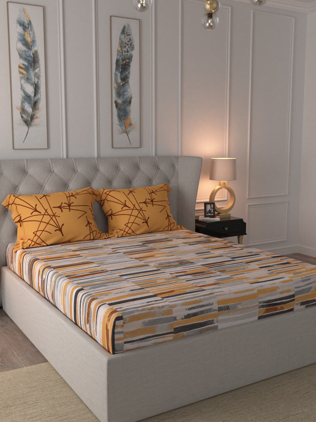 URBAN SPACE Mustard Yellow & Grey 160 TC Cotton 1 Queen Bedsheet with 2 Pillow Covers Price in India