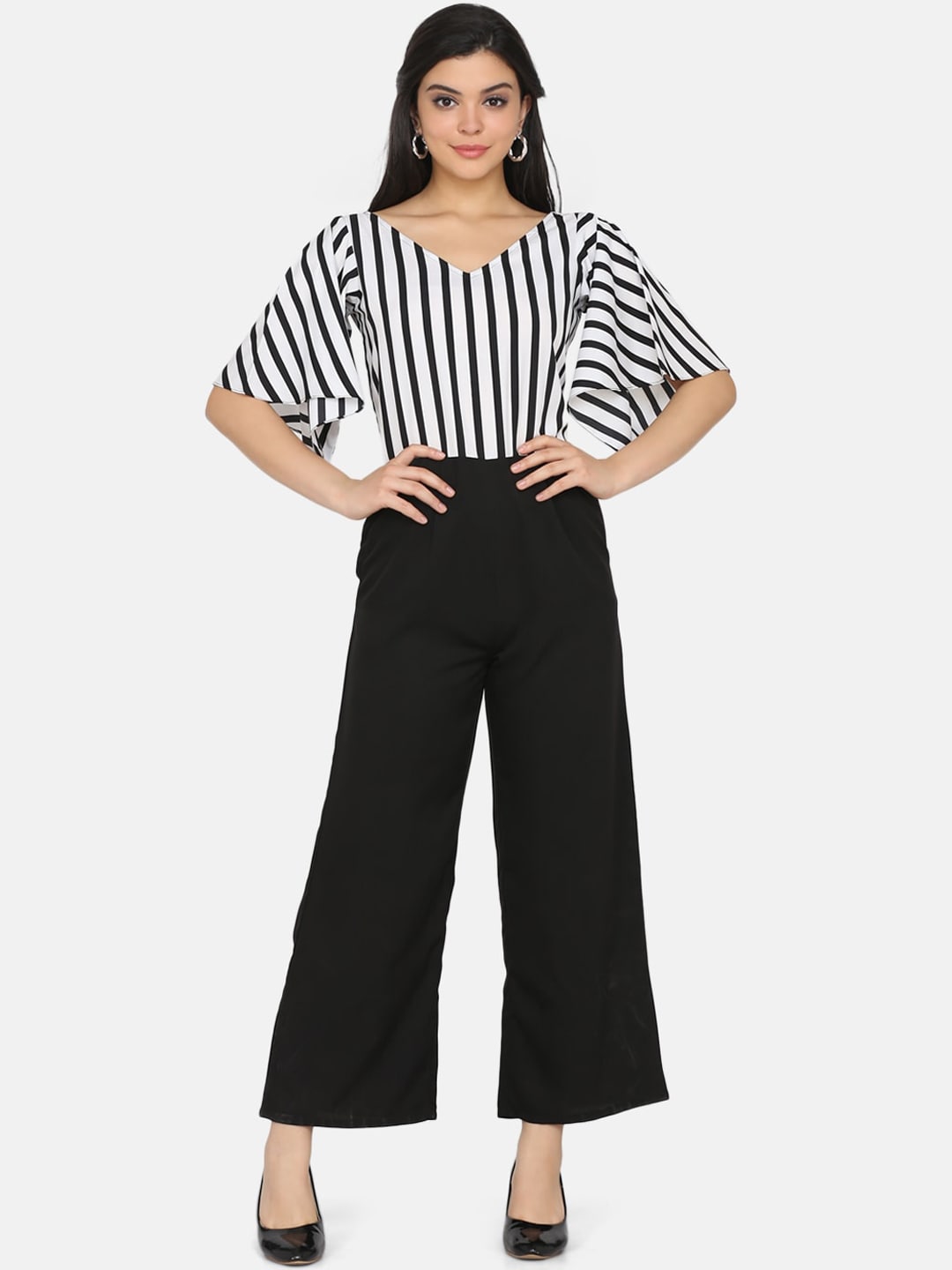 Eavan Women Black & White Striped Basic Jumpsuit Price in India
