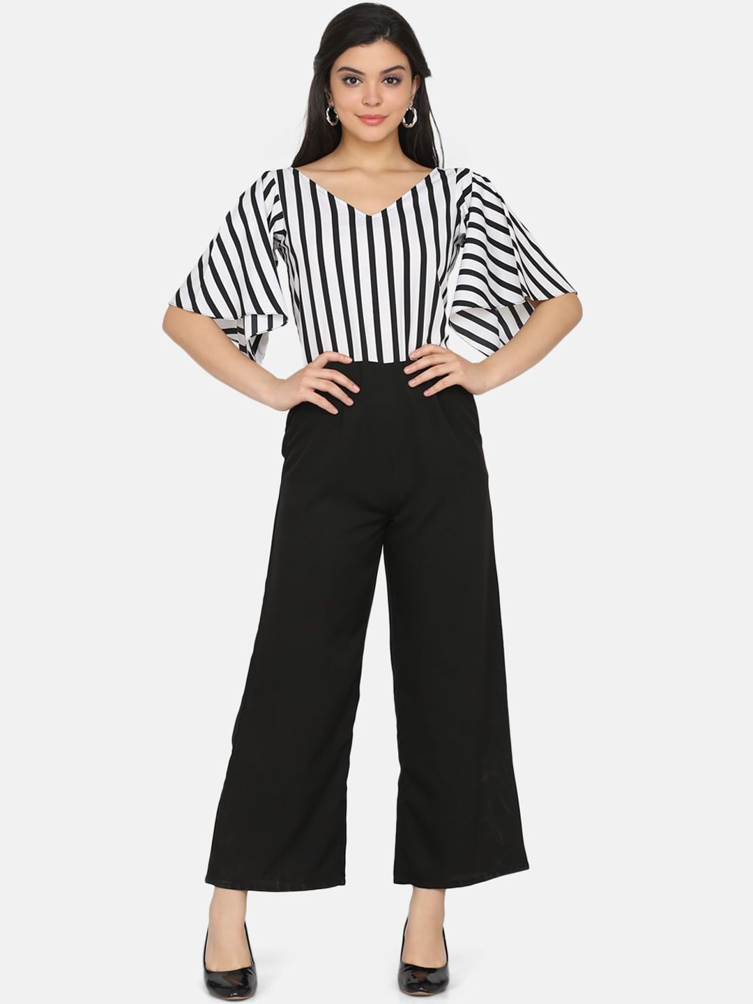 Eavan Women Black & White Striped Basic Jumpsuit Price in India