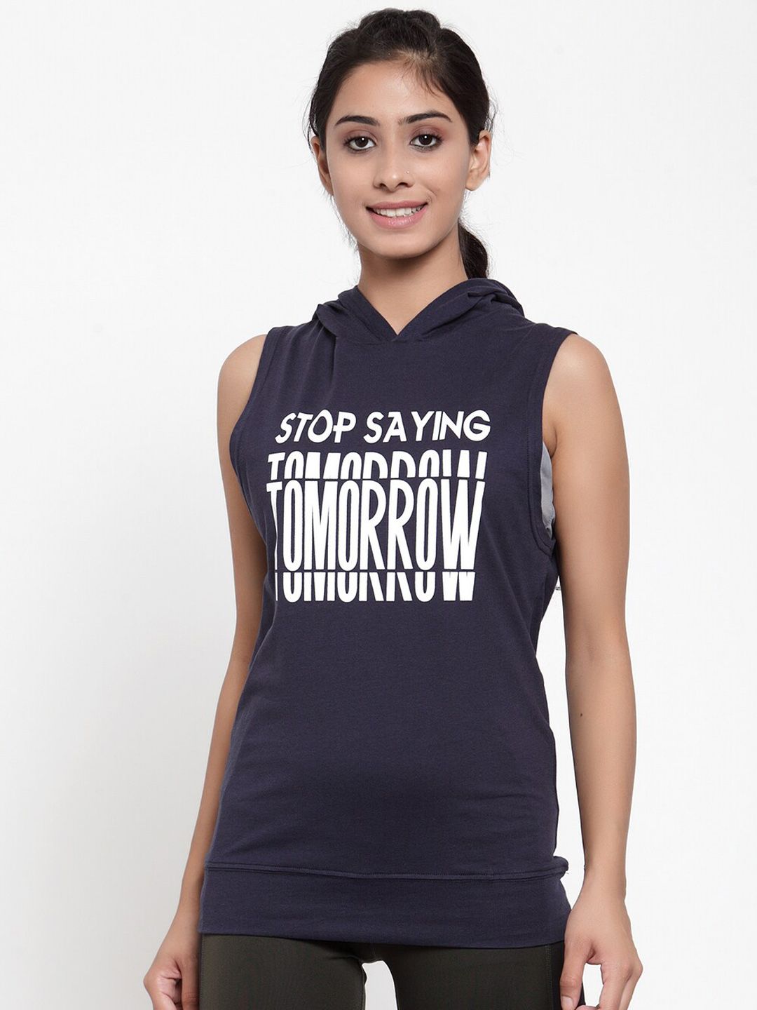 Invincible Women Navy Blue Printed Hood Pure Cotton T-shirt Price in India