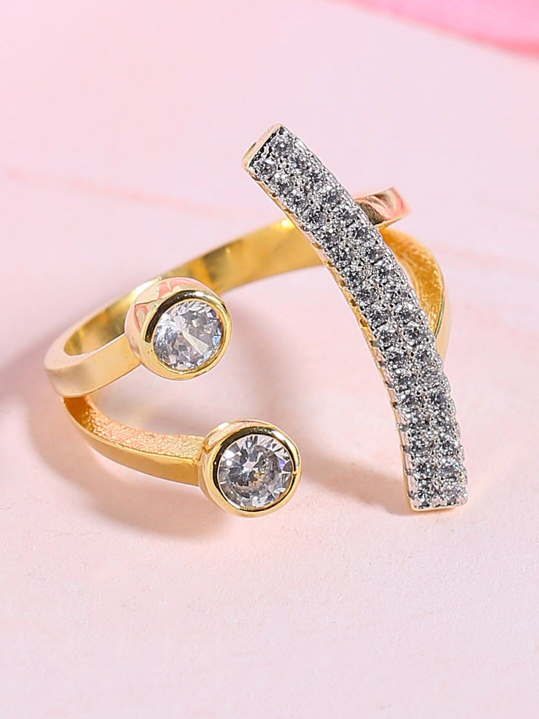 Voylla Gold-Toned & White Cubic Zirconia Studded Half Moon Motif Finger Ring Price in India