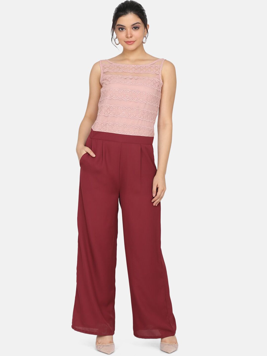 Eavan Women Pink & Maroon Colourblocked Basic Jumpsuit Price in India