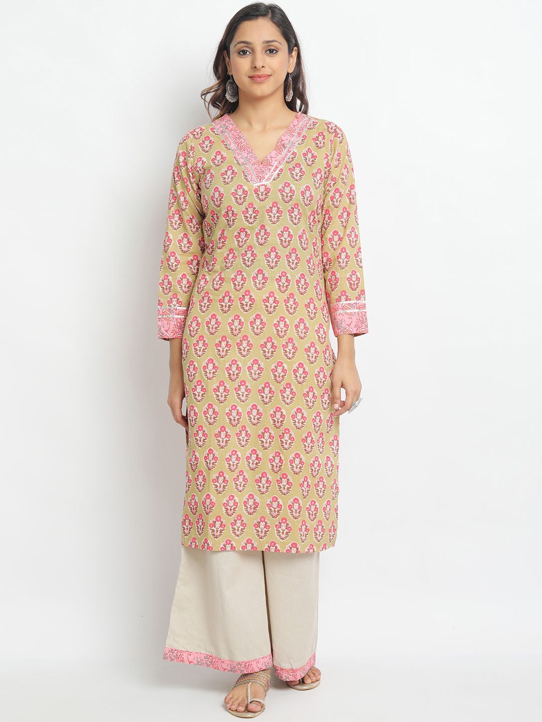 Molcha Women Beige & Pink Printed Kurta with Palazzos