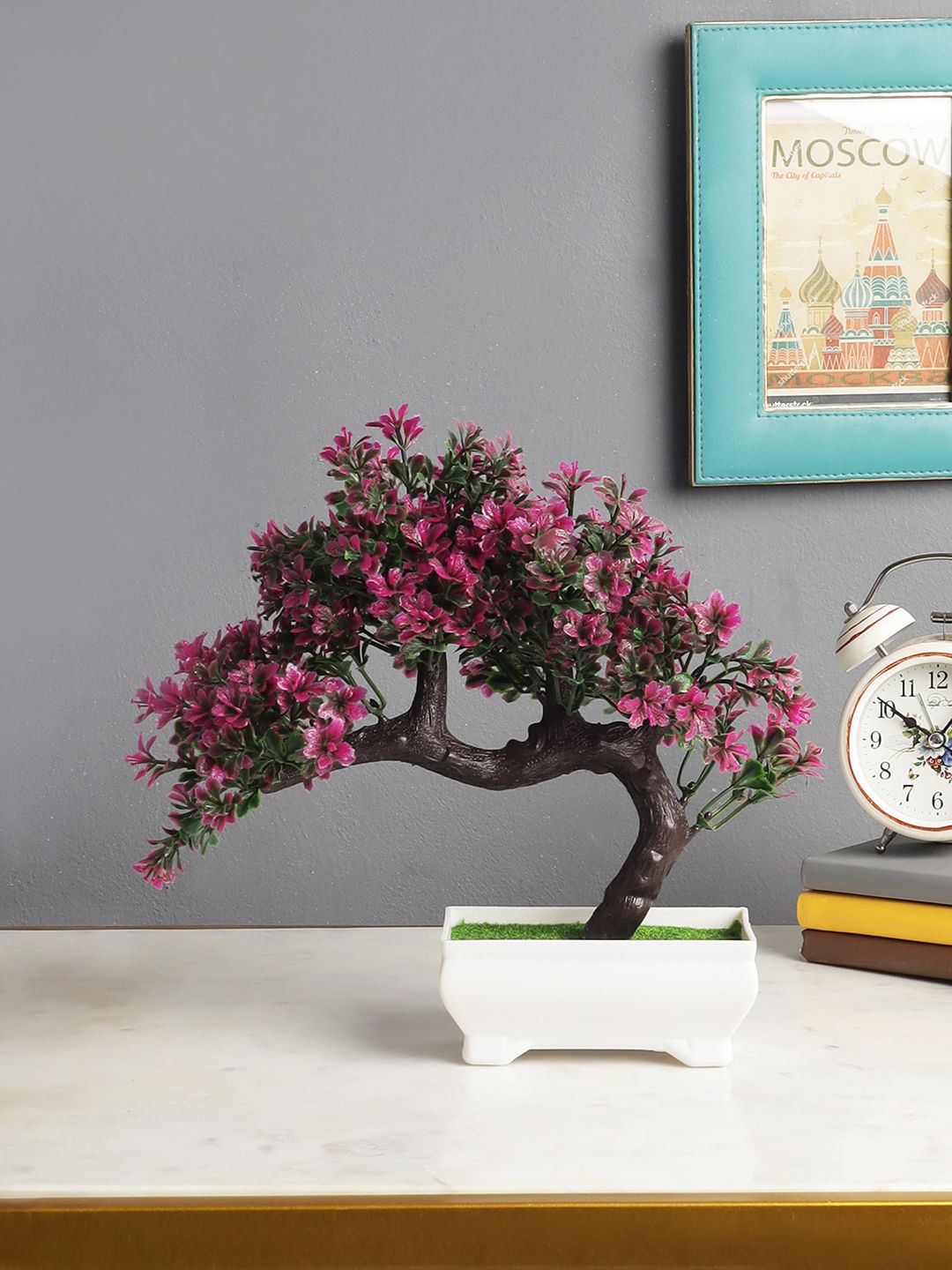 FOLIYAJ Magenta Pink & Green Artificial Bent Bonsai Tree With White Pot Price in India
