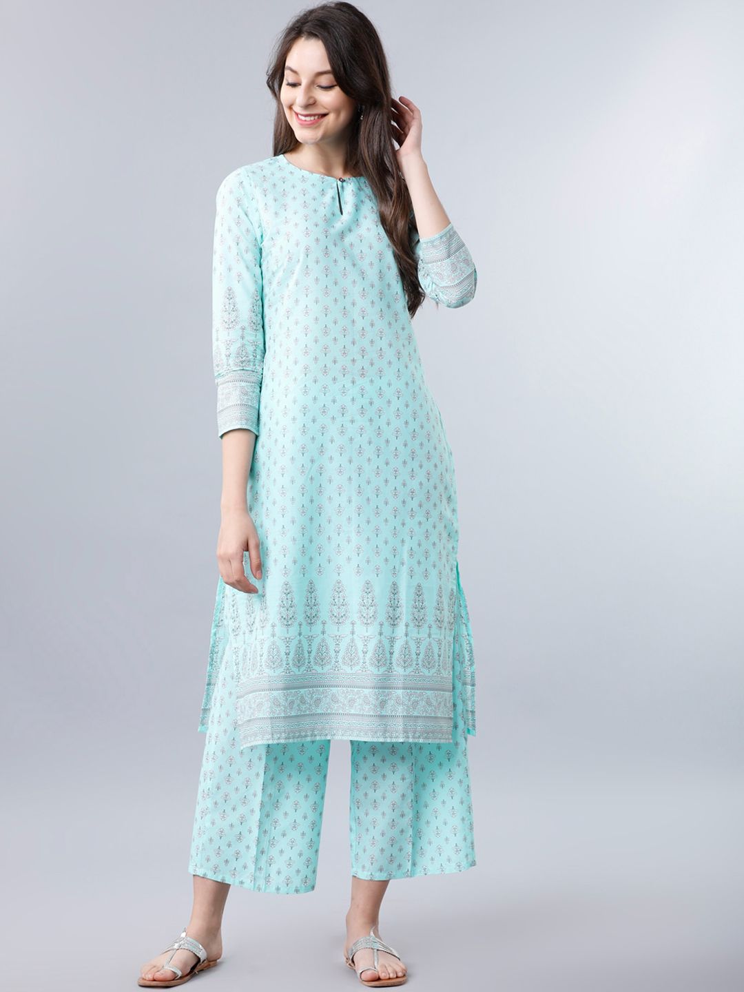 Vishudh Women Blue Printed Kurta with Palazzos Price in India