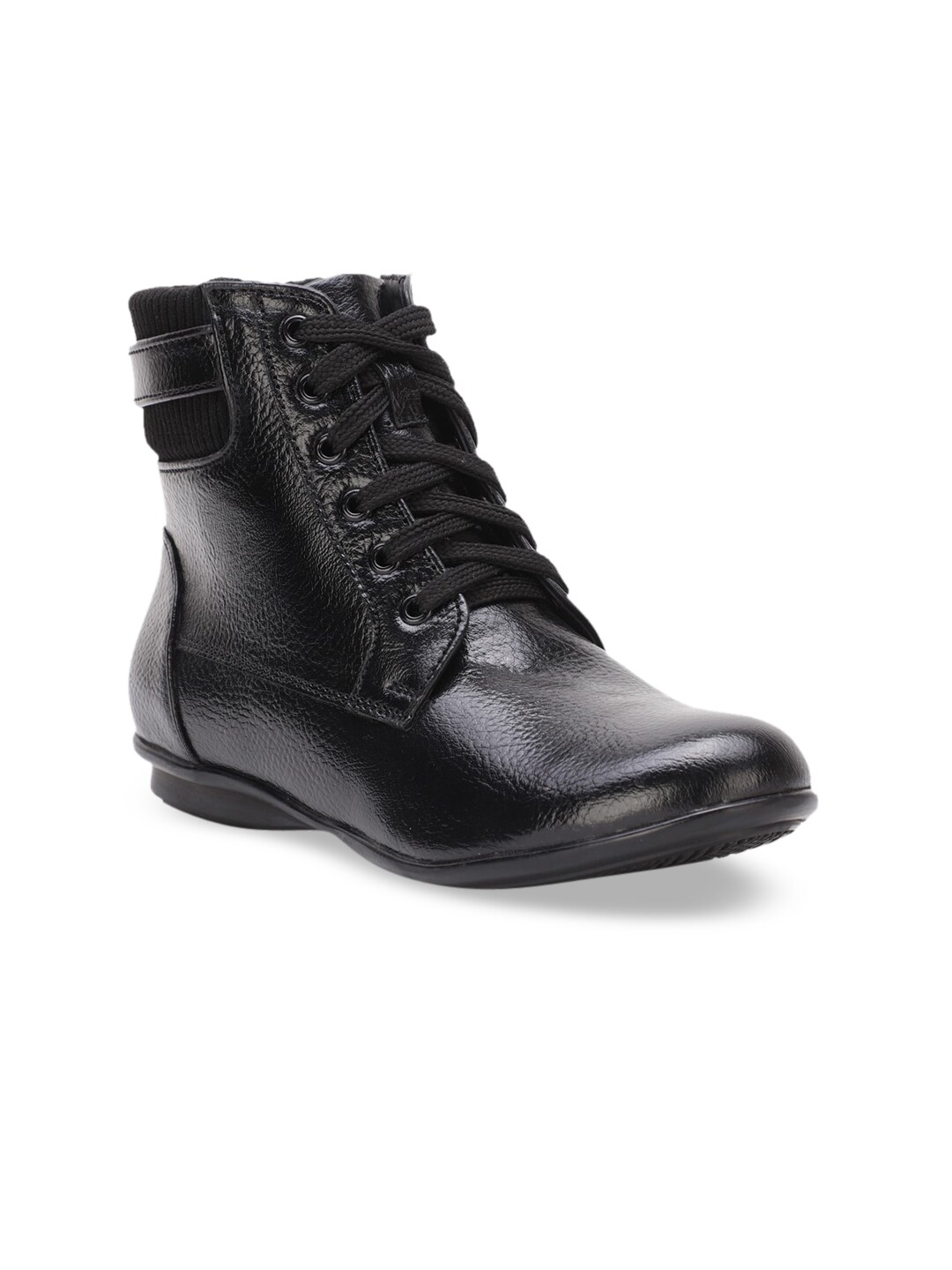 Bruno Manetti Women Black Textured Synthetic Leather High-Top Flat Boots Price in India