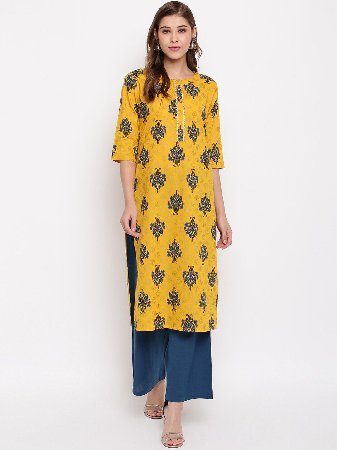 Janasya Women Yellow & Blue Printed Kurta with Palazzos