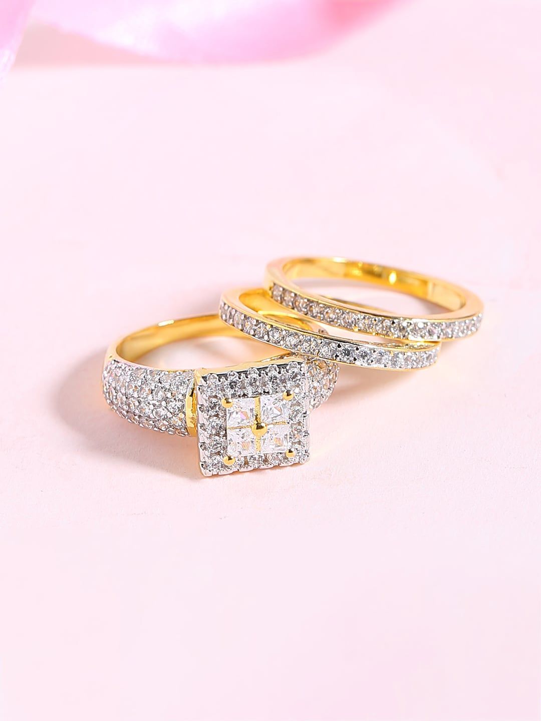 Voylla Set of 3 Platinum-Plated Gold-Toned & White CZ-Studded Handcrafted Ring Price in India