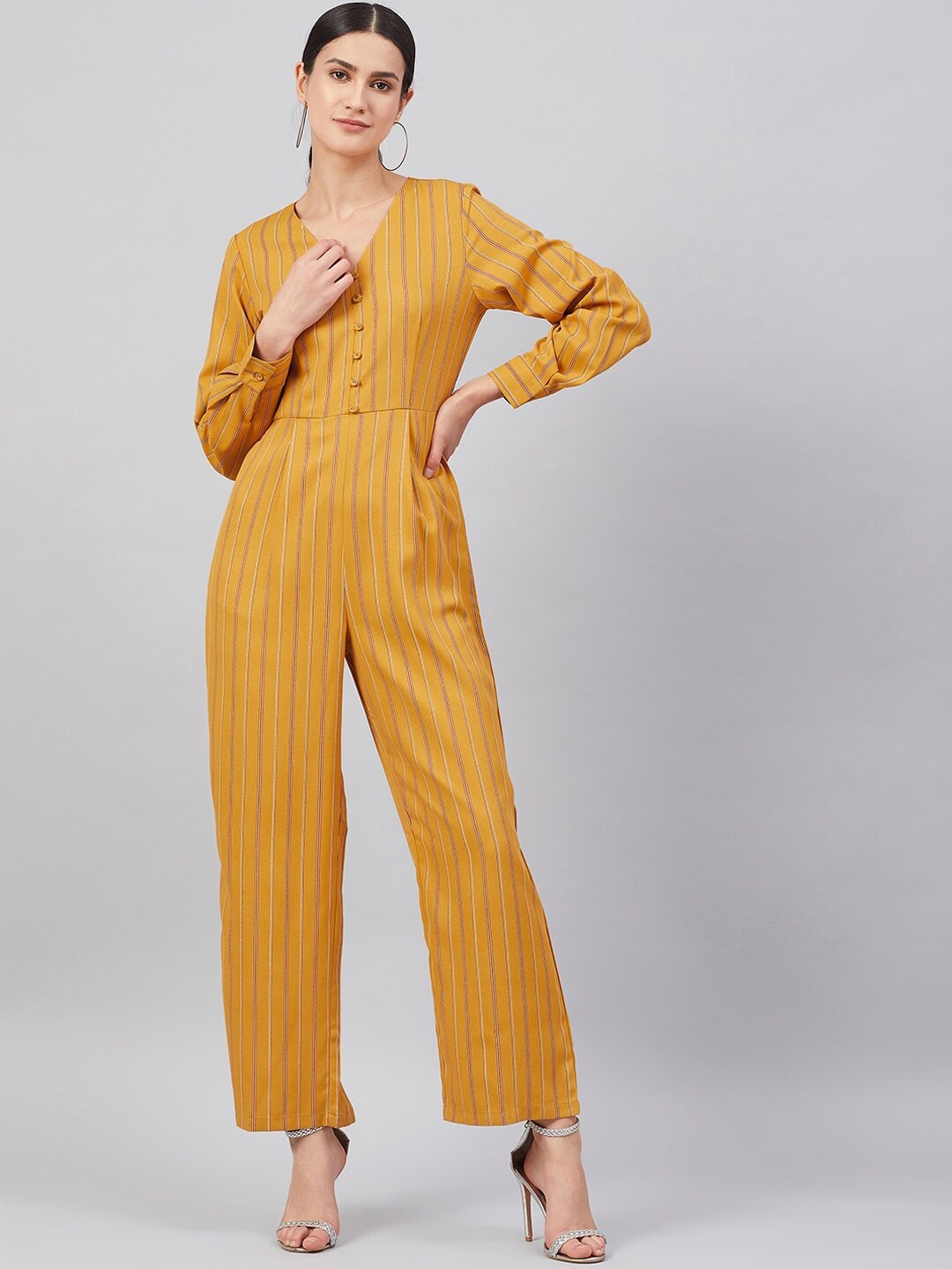 Marie Claire Women Mustard Yellow & Red Striped Basic Jumpsuit Price in India