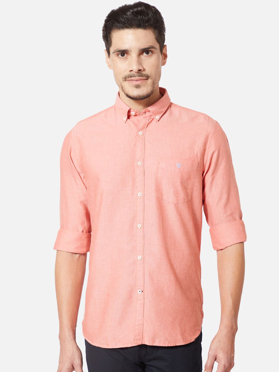 J Hampstead Men Peach-Coloured Slim Fit Solid Casual Shirt