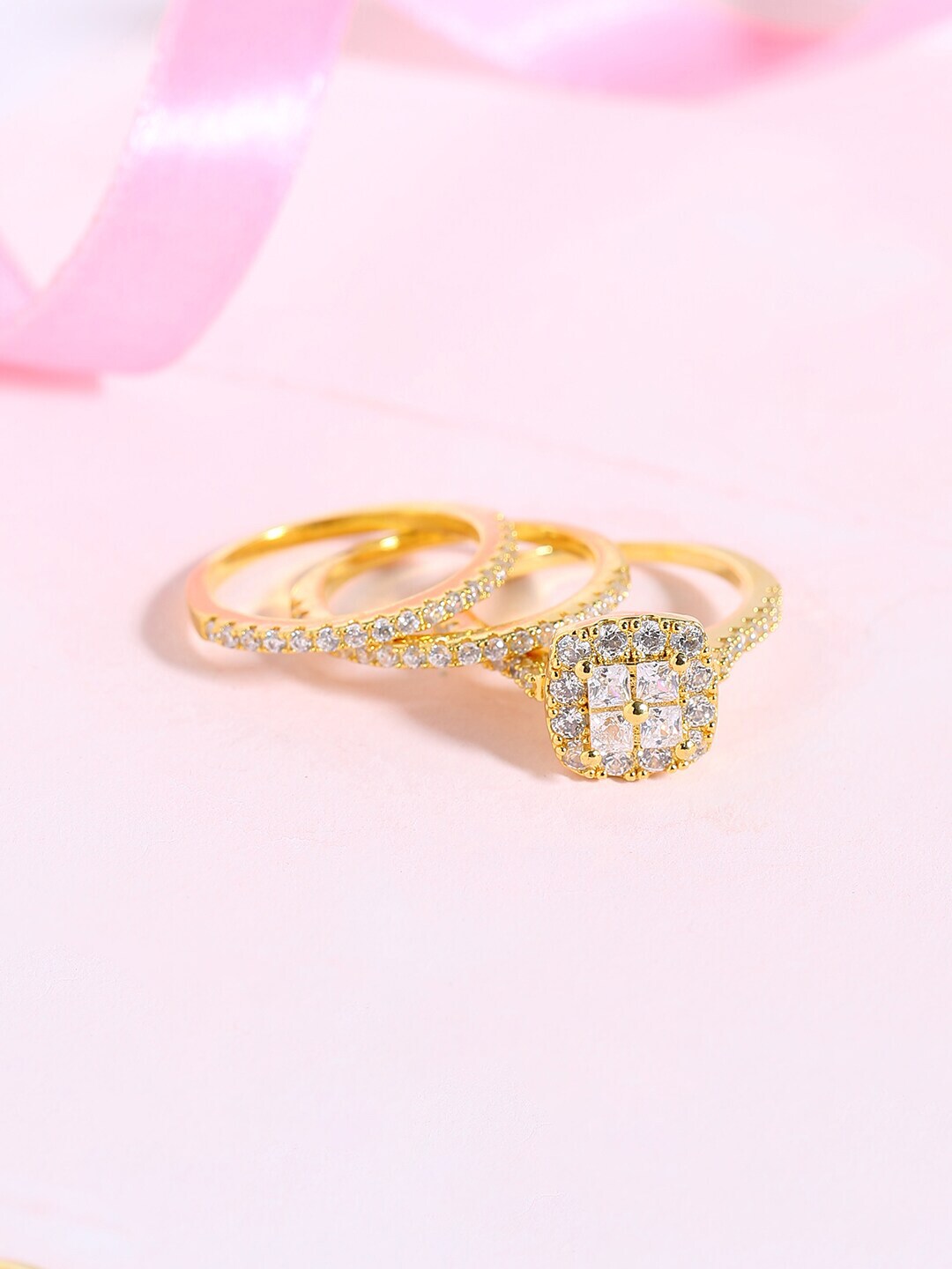 Voylla Set of 3 Gold-Plated White CZ-Studded Handcrafted Finger Rings Price in India