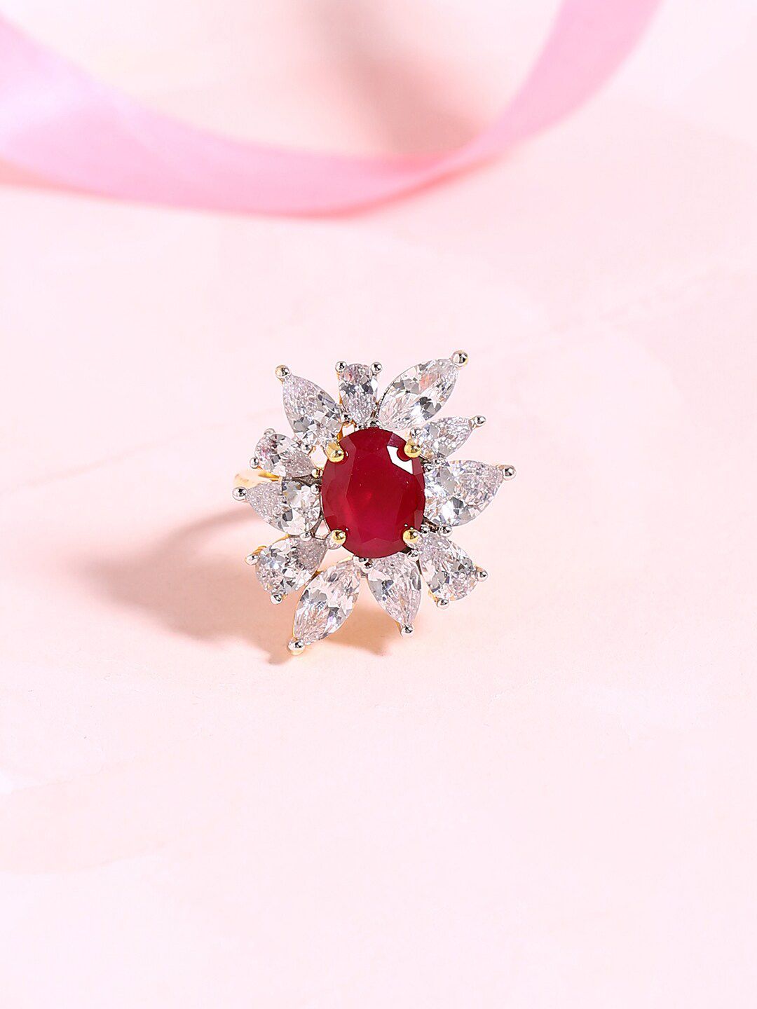 Voylla Gold-Plated White & Red CZ-Studded Handcrafted Finger Ring Price in India