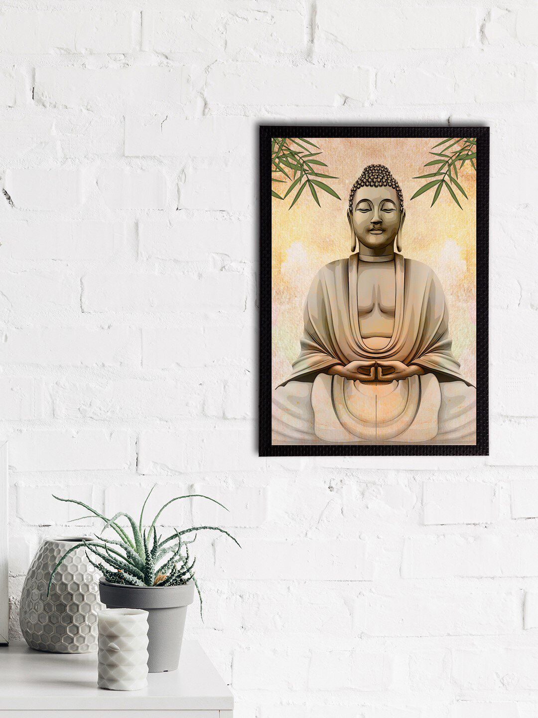 eCraftIndia Beige & Green Meditating Lord Buddha Printed Satin Matt Textured UV Wall Art Price in India
