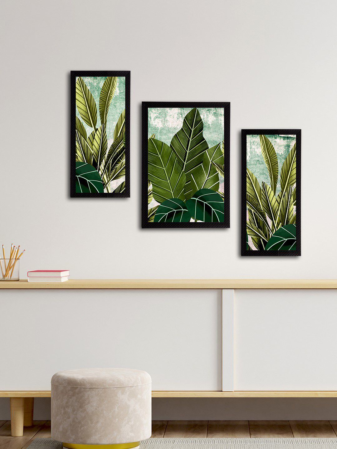 eCraftIndia Set of 3 Green & Blue Botanical & Floral Satin Matt Textured UV Wall Paintings Price in India