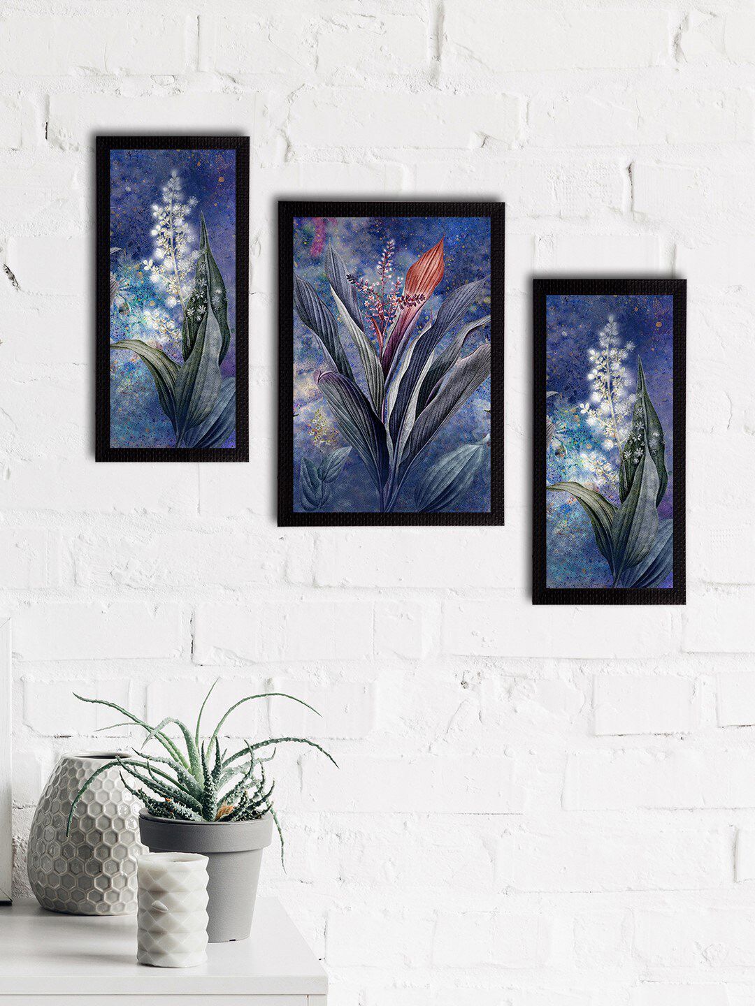 eCraftIndia Set of 3 Blue & White Botanical and Floral Satin Matt Textured UV Wall Art Price in India