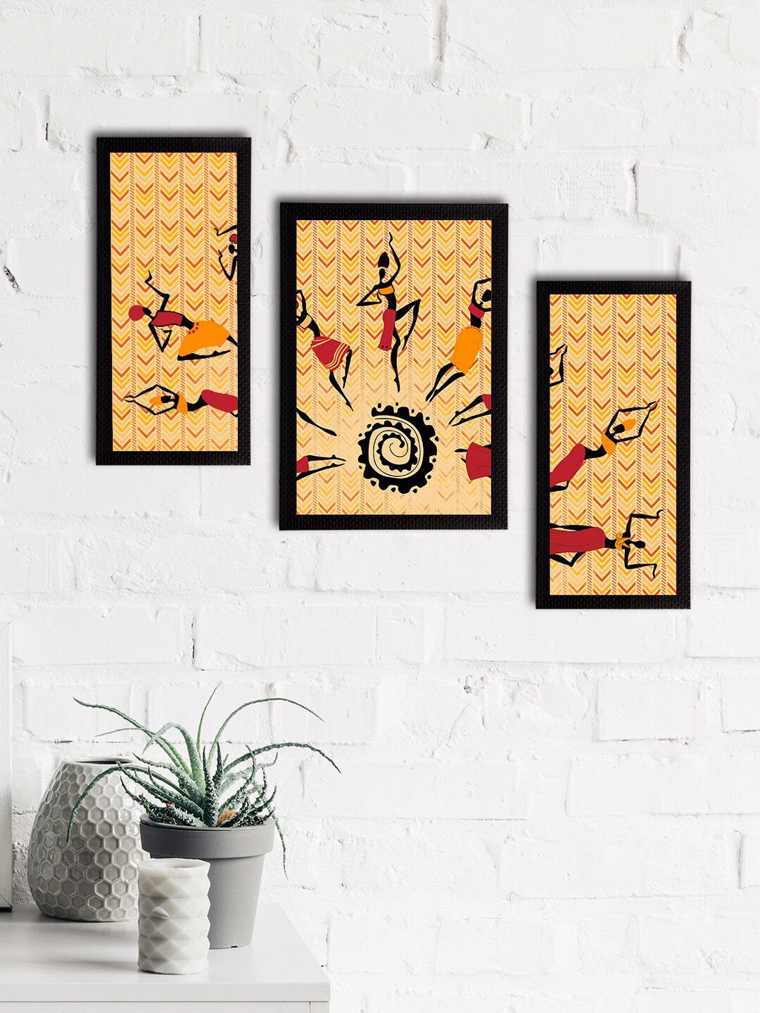 eCraftIndia Set of 3 Beige & Black Tribal Theme Satin Matt Textured UV Wall Paintings Price in India