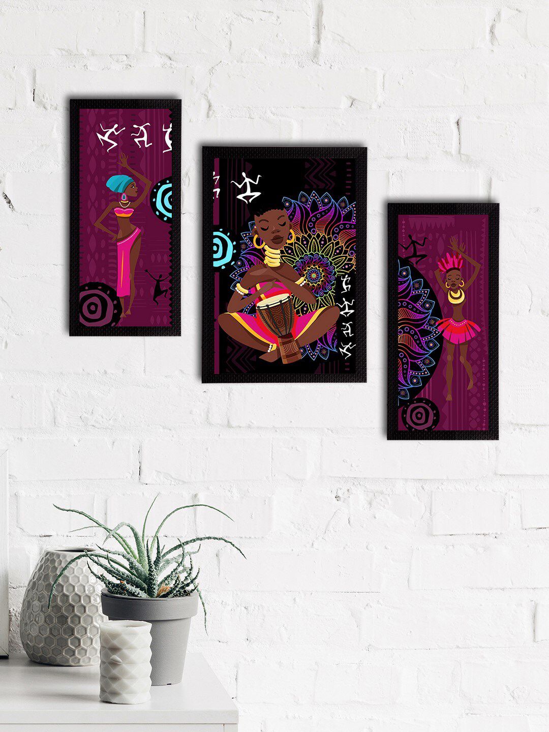 eCraftIndia Set Of 3 Purple & Black Tribal Theme Satin Matt Textured UV Art Painting Price in India