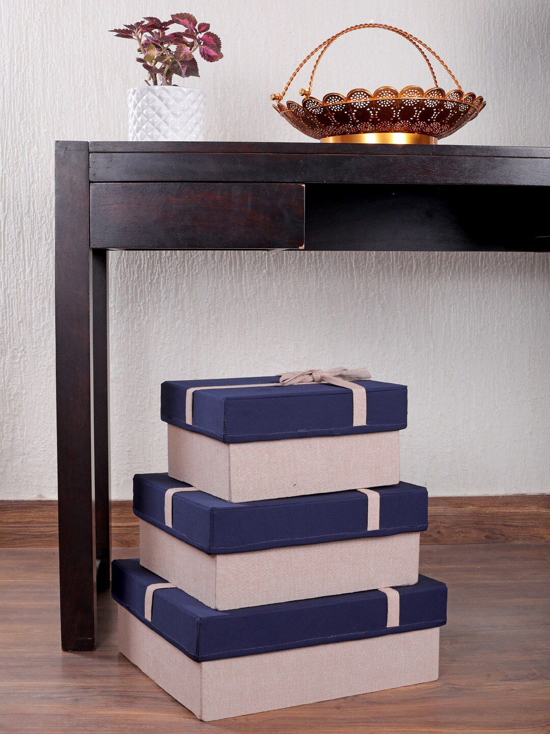 My Gift Booth Set Of 3 Peach & Navy Blue Solid Storage Boxes With Lid Price in India