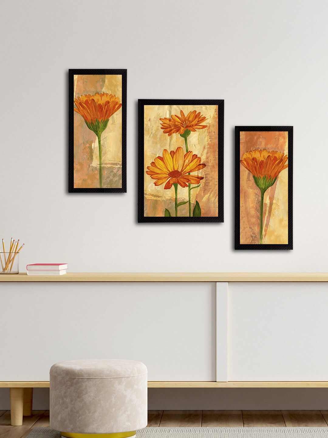 eCraftIndia Set of 3 Brown & Orange Botanical & Floral Satin Matt Textured UV Wall Paintings Price in India