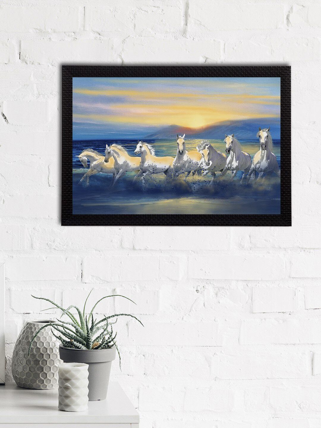 eCraftIndia Blue & Yellow 7 Lucky Running Horse Satin Matt Texture UV Wall Art Price in India