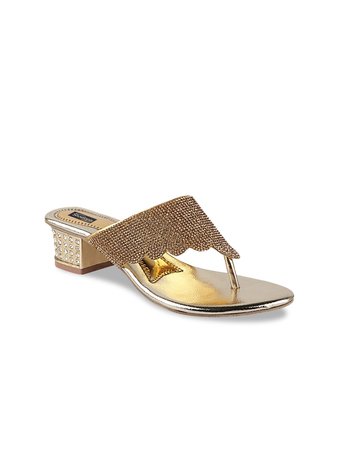 Shoetopia Women Gold-Toned Embellished Block Heels Price in India