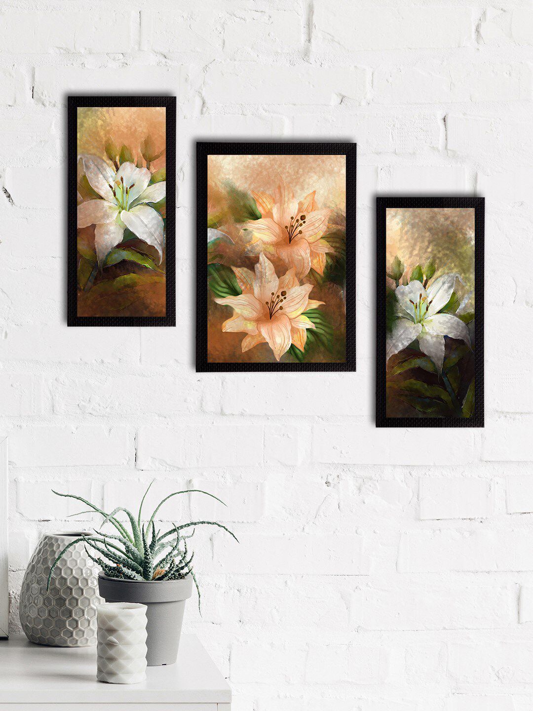 eCraftIndia Set of 3 Multicoloured Satin Matt Texture Floral UV Wall Art Price in India