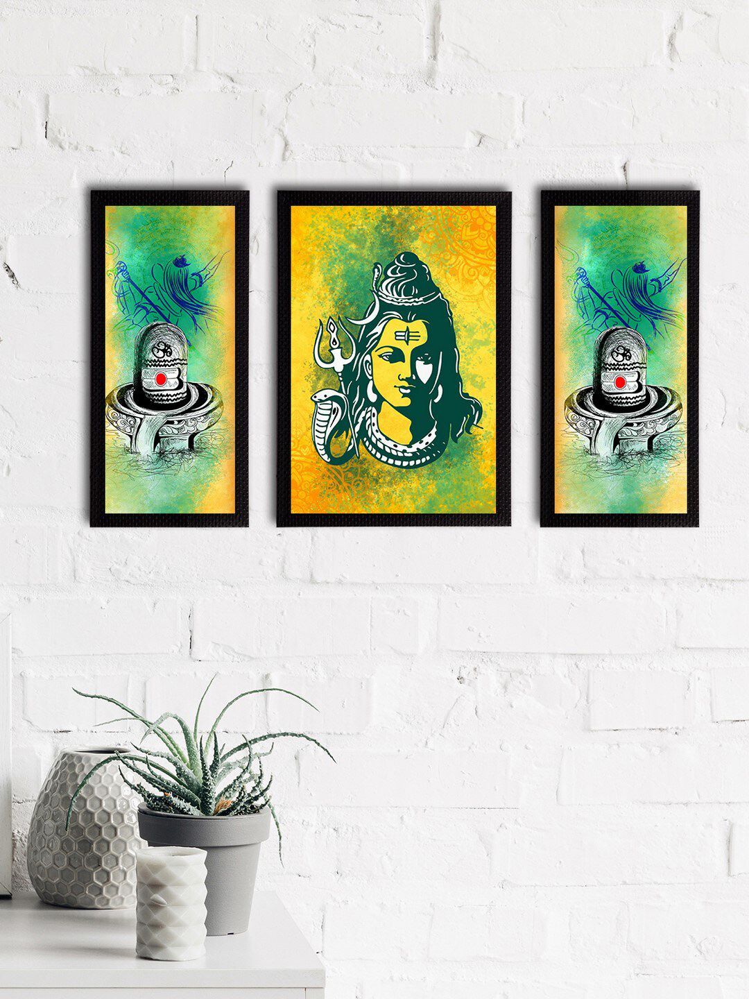 eCraftIndia Set of 3 Yellow & Green Lord Shiva Satin Matt Textured UV Wall Paintings Price in India