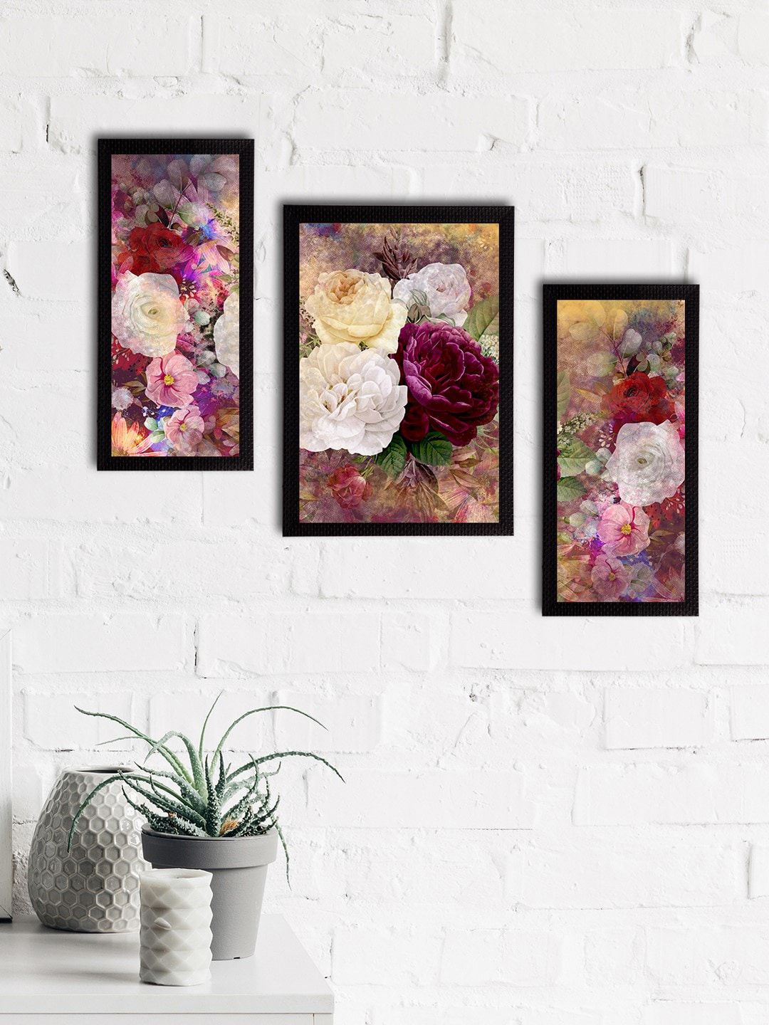 eCraftIndia Set of 3 Mauve & White Botanical & Floral Satin Matt Textured UV Wall Paintings Price in India