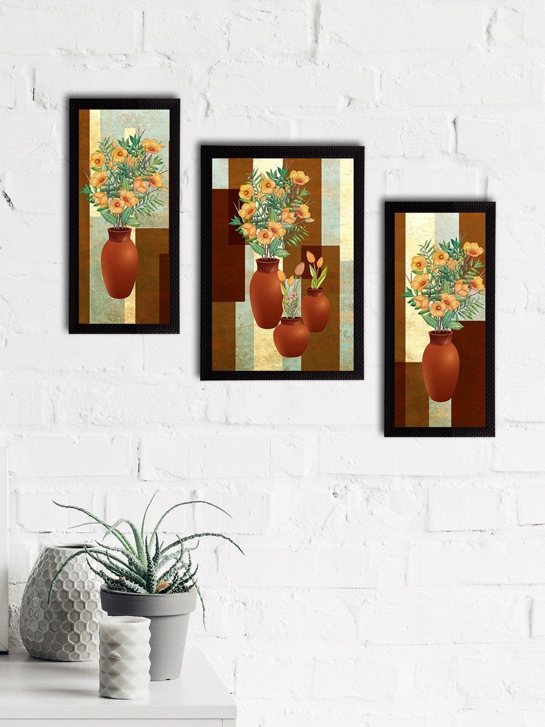 eCraftIndia Set of 3 Brown & Green Botanical & Floral Satin Matt Textured UV Wall Paintings Price in India