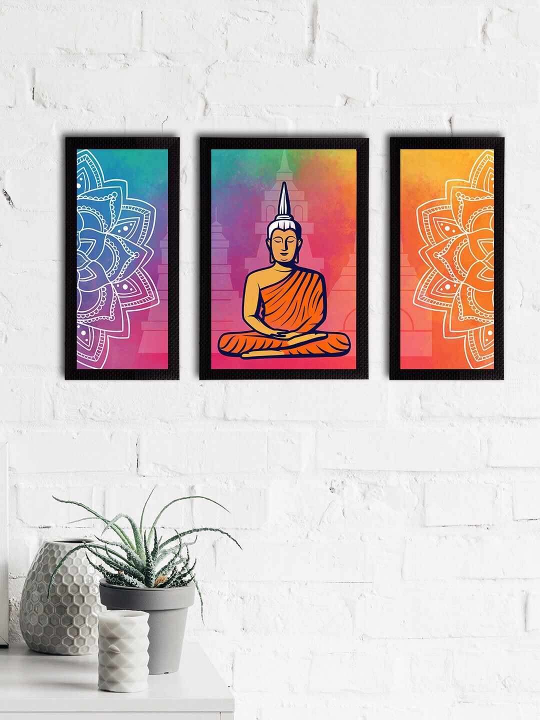 eCraftIndia Set of 3 Orange & Purple Meditating Lord Buddha Satin Matt Textured UV Wall Paintings Price in India