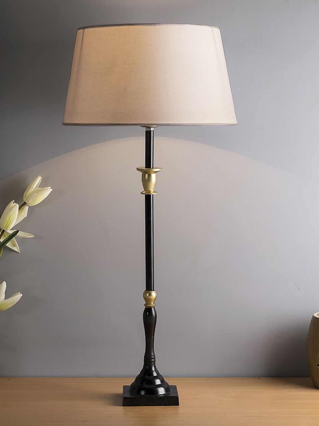 Homesake Beige & Black Solid Candlestick Shaped Table Lamp Price in India