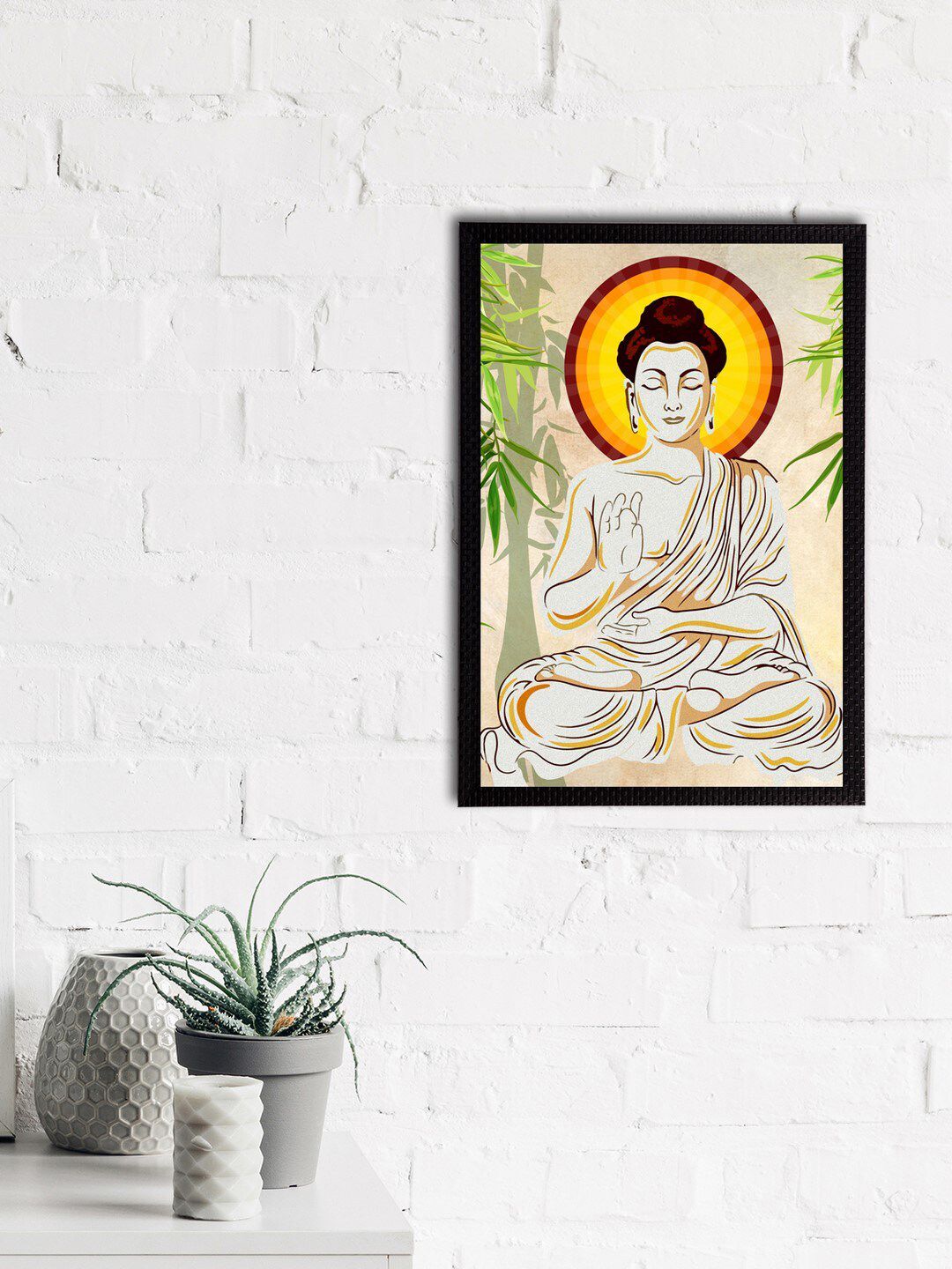 eCraftIndia Beige & Yellow Meditating Lord Buddha Satin Matt Texture Framed UV Wall Art Price in India