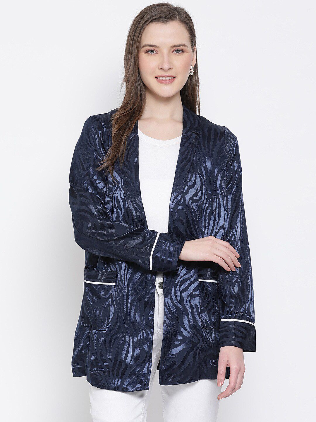 Oxolloxo Women Navy Blue Self Design Blazer Price in India