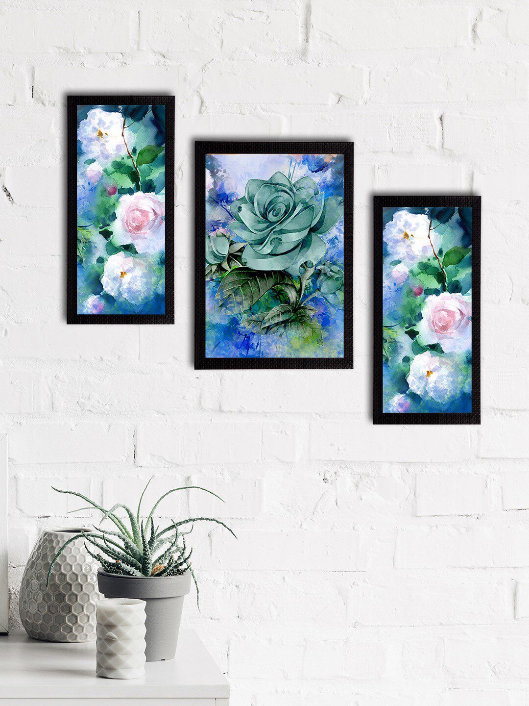eCraftIndia Set of 3 Blue & Green Botanical & Floral Satin Matt Textured UV Wall Paintings Price in India