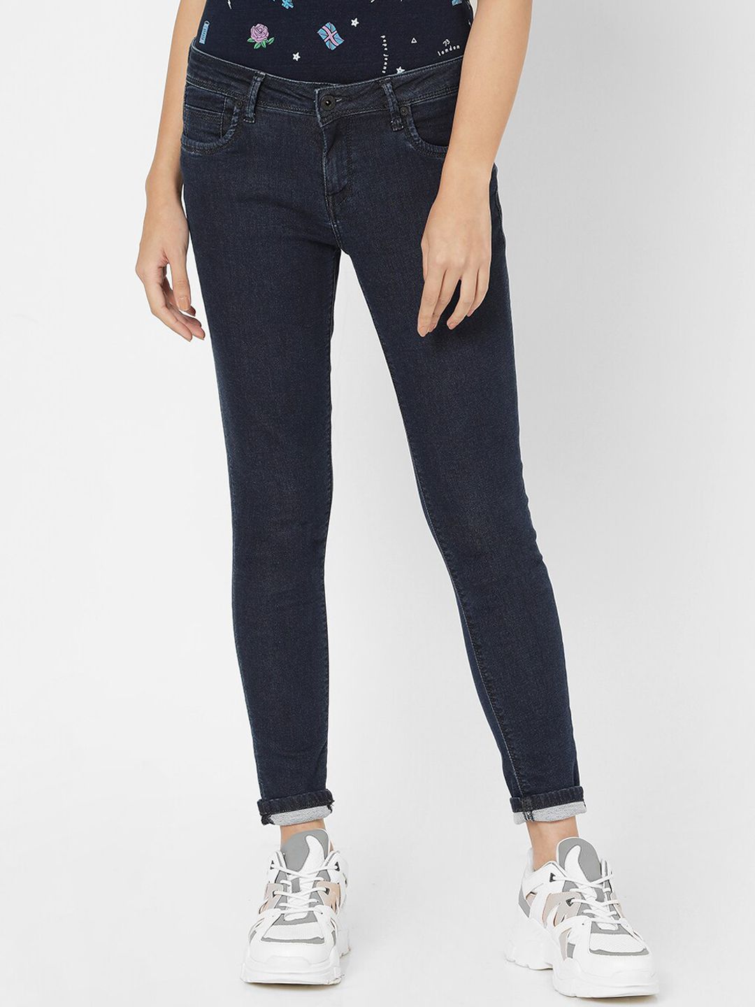 Pepe Jeans Women Navy Blue Solid Skinny Fit Jeans Price in India