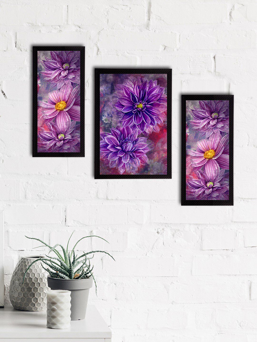 eCraftIndia Set of 3 Purple & Yellow Botanical and Floral Satin Matt Textured UV Art Painting Price in India