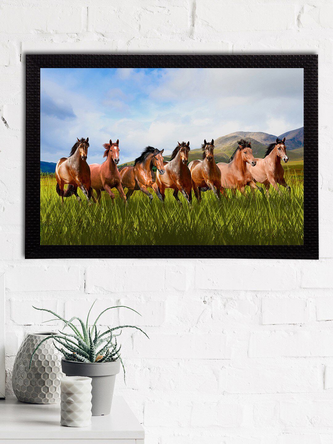 eCraftIndia Blue & Green 7 Lucky Running Horse Satin Matt Texture UV Wall Art Price in India