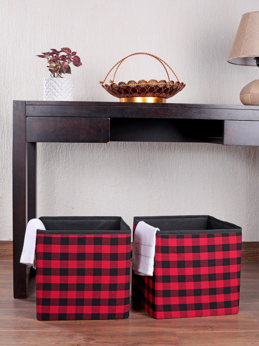 My Gift Booth Set Of 2 Red & Black Checked Sustainable Storage Hamper Price in India