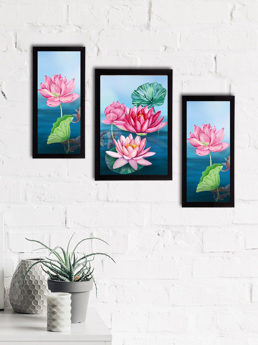 eCraftIndia Set Of 3 Pink & Blue Floral And Botanical Wall Paintings Price in India