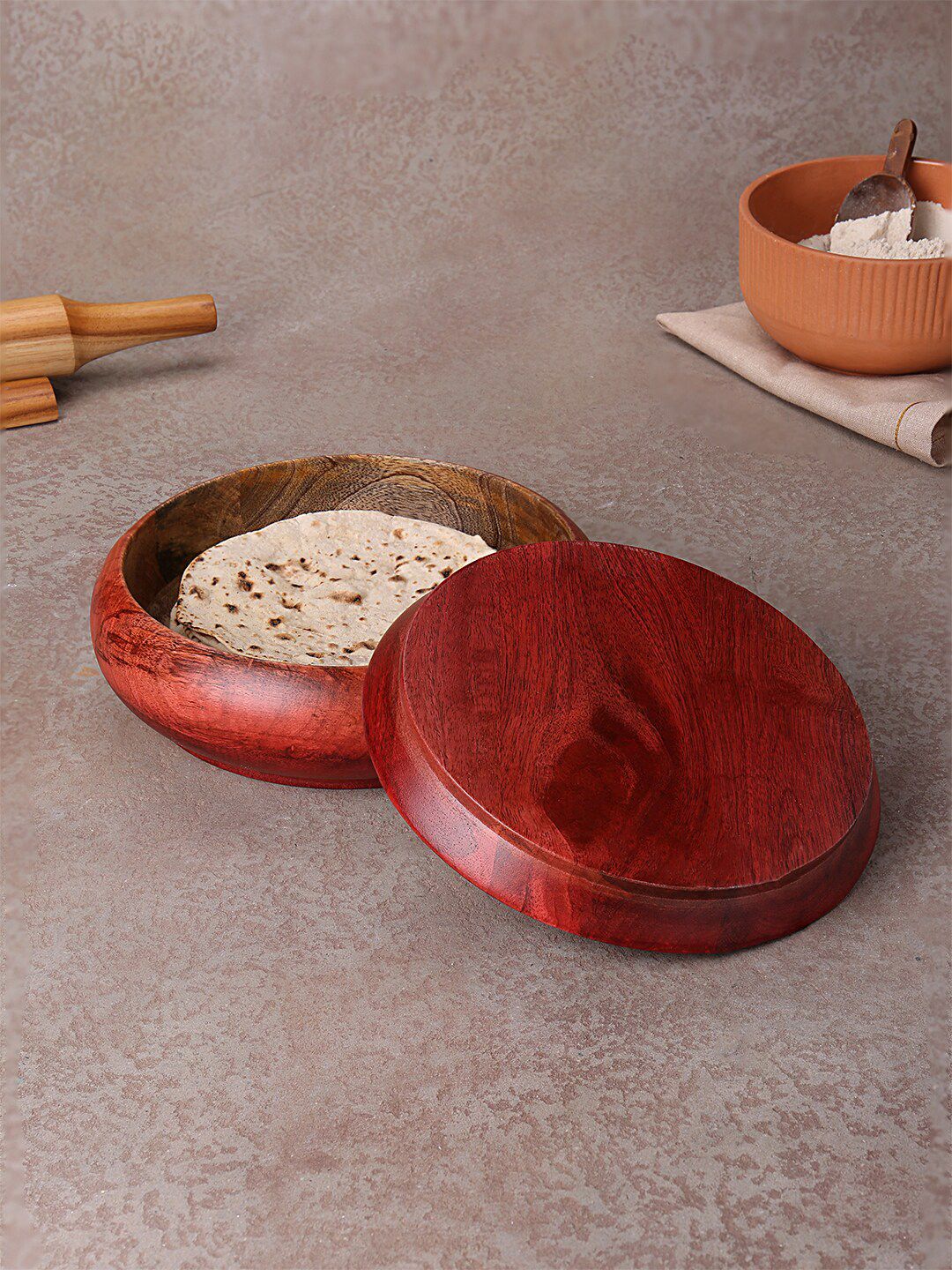 ellementry Red Solid Mango Wood Roti Box Price in India