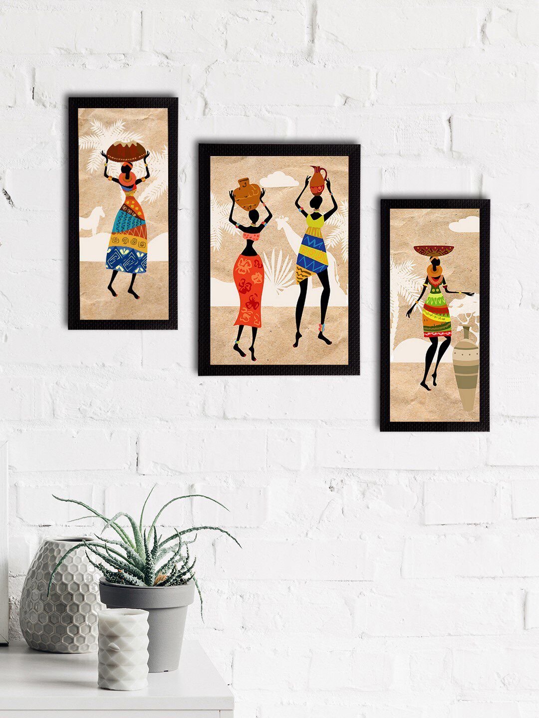 eCraftIndia Set Of 3 Multicolored Tribal Theme Wall Paintings Price in India