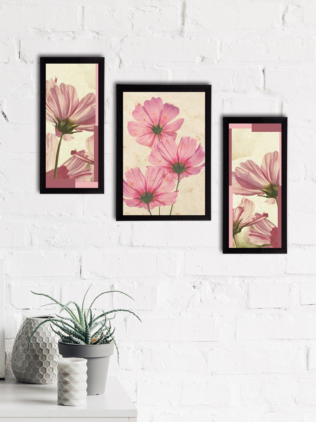 eCraftIndia Set Of 3 Pink & White Floral And Botanical Wall Paintings Price in India