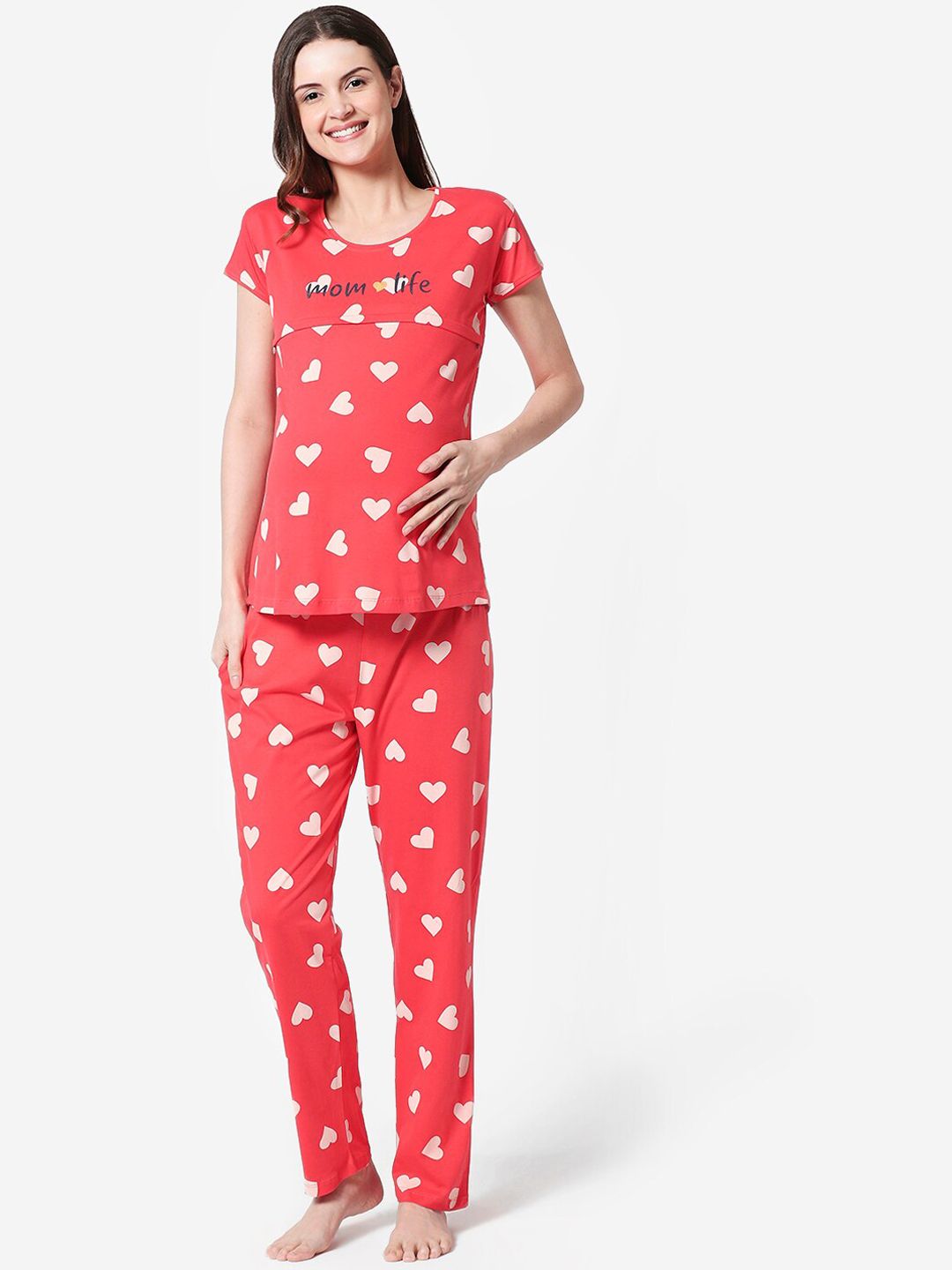 Zeyo Women Red & White Printed Nursing & Feeding Night suit Price in India