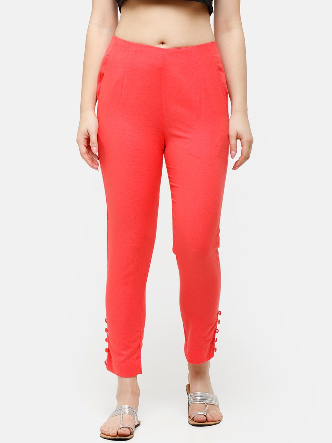 De Moza Women Coral Red Slim Fit Solid Cigarette Trousers Price in India