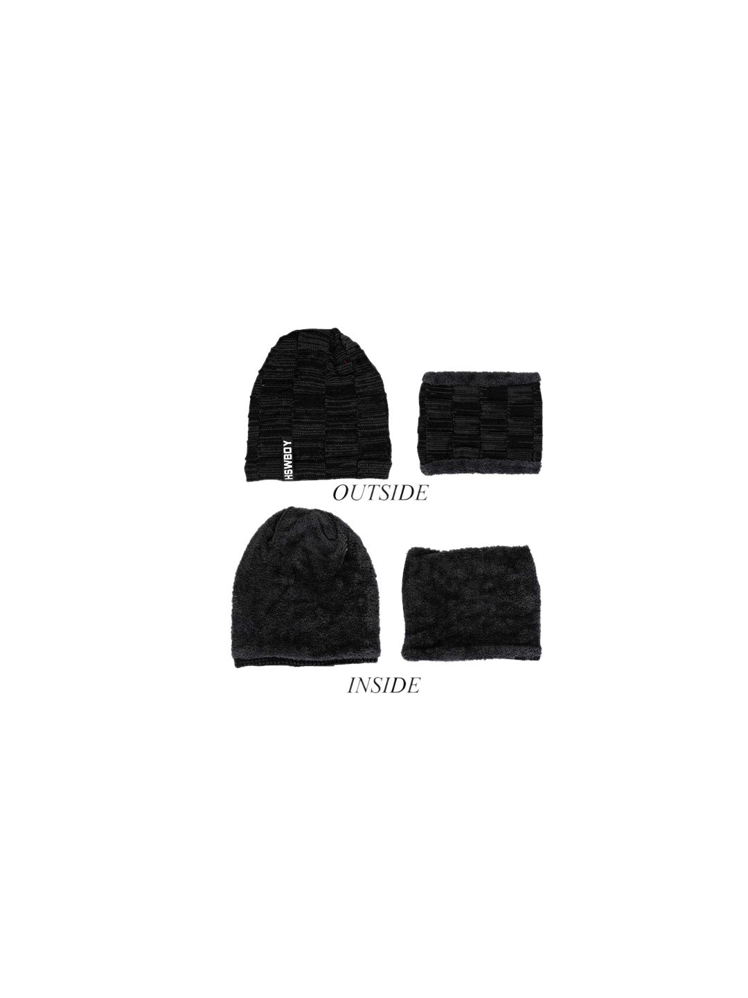 FabSeasons Unisex Black & Grey Self-Design Beanie Cap With Neck Warmer Price in India